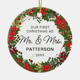 Eerste Kerstmis Mr & Mrs Waterverf Bloemenfoto Keramisch Ornament