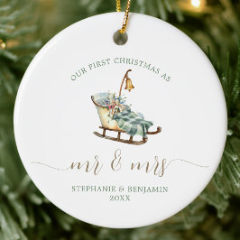 Eerste Kerstmis Mr. Mrs. Wedding Sleigh Plaid Foto Keramisch Ornament