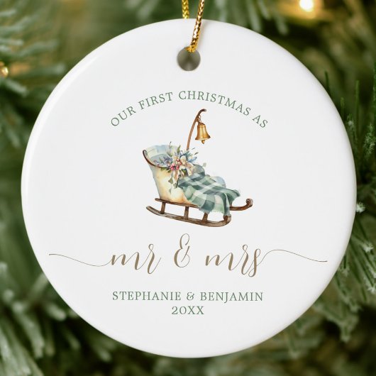 Eerste Kerstmis Mr. Mrs. Wedding Sleigh Plaid Foto Keramisch Ornament