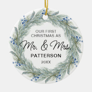 Eerste Kerstmis: Mr & Mrs Winter Floral Foto Naam Keramisch Ornament