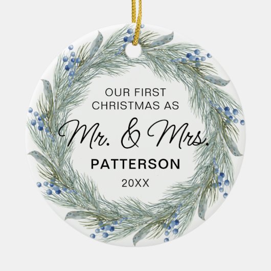 Eerste Kerstmis: Mr & Mrs Winter Floral Foto Naam Keramisch Ornament (Voorkant)