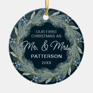 Eerste Kerstmis: Mr & Mrs Winter Floral Foto Naam Keramisch Ornament