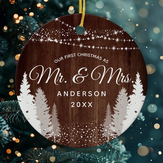 Eerste Kerstmis: Mrs Wood Winter String Lights Keramisch Ornament