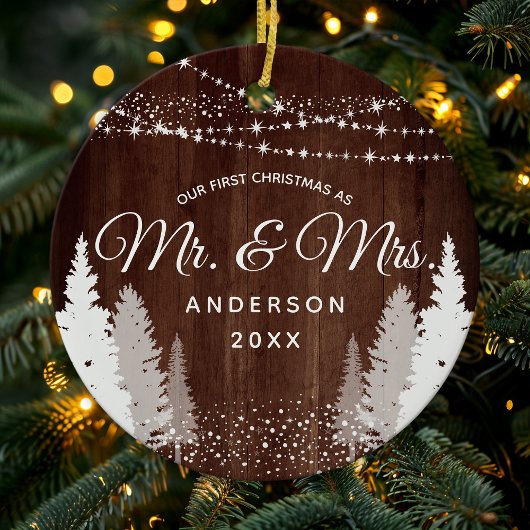 Eerste Kerstmis: Mrs Wood Winter String Lights Keramisch Ornament