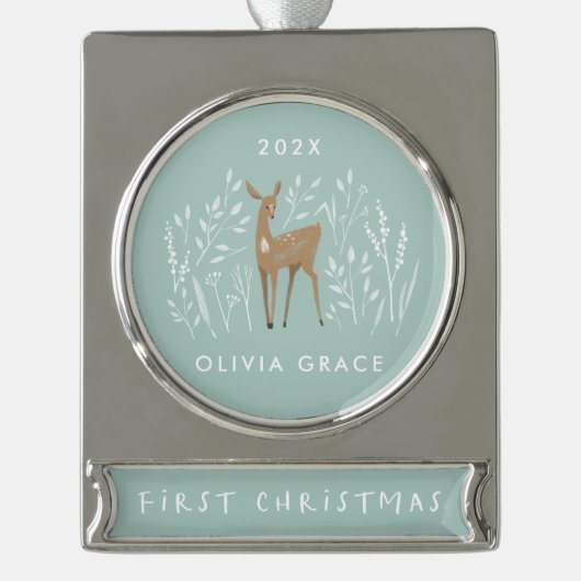 Eerste Kerstmis, natuurlijke herders, delicate flo Verzilverd Banner Ornament (Voorkant)