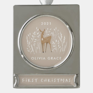 Eerste Kerstmis, natuurlijke herders, delicate flo Verzilverd Banner Ornament