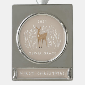 Eerste Kerstmis, natuurlijke herders, delicate flo Verzilverd Banner Ornament