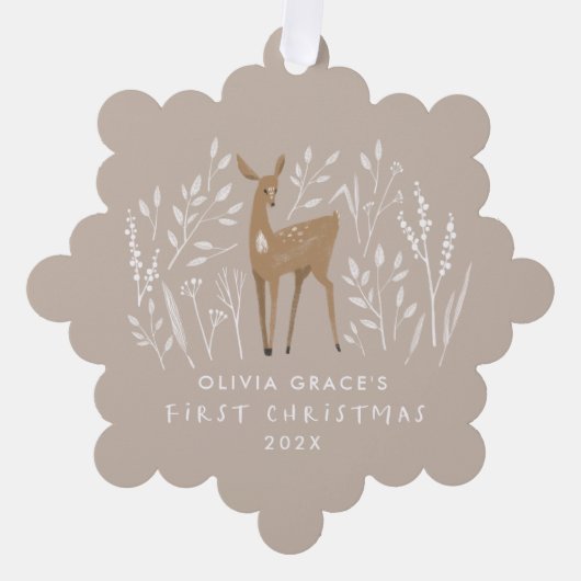 Eerste Kerstmis natuurlijke rendieren elegant 1 fo Ornament Kaart (Voorkant)