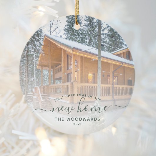 Eerste Kerstmis Nieuw Home Aangepast Foto Groen Sc Keramisch Ornament