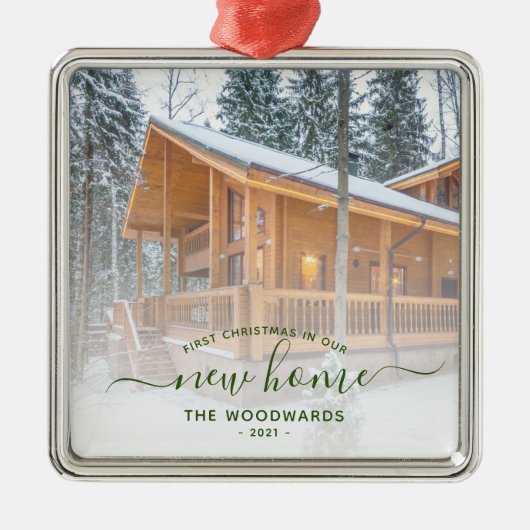 Eerste Kerstmis Nieuw Home Aangepast Foto Groen Sc Metalen Ornament (Voorkant)