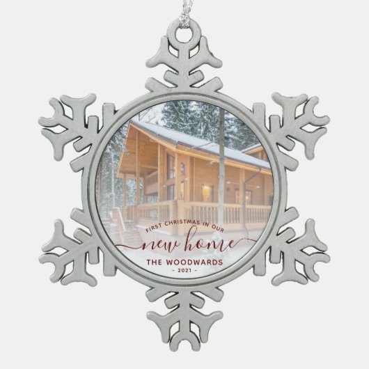 Eerste Kerstmis Nieuw Home Aangepast Foto Rood Man Tin Sneeuwvlok Ornament (Voorkant)