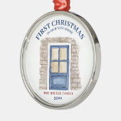 Eerste Kerstmis Nieuw Huis Blauwe Deur Winter Boho Metalen Ornament (Links)