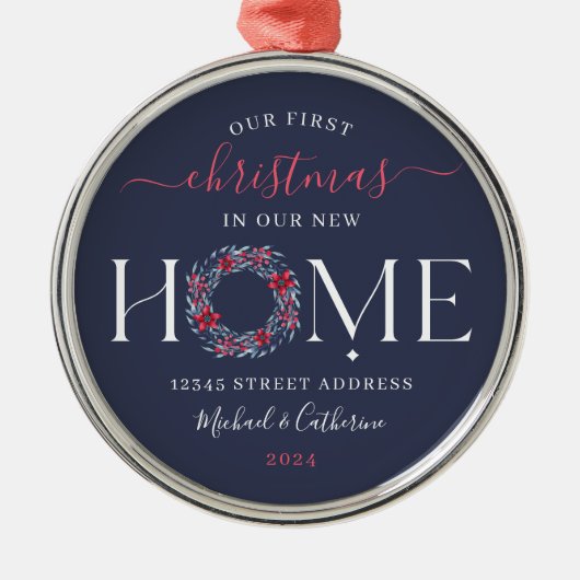 Eerste Kerstmis Nieuw Huis Elegante Navy krans Metalen Ornament (Voorkant)