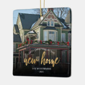 Eerste Kerstmis Nieuw Huis Goud Script Fotovierkan Keramisch Ornament (Links)