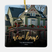 Eerste Kerstmis Nieuw Huis Goud Script Fotovierkan Keramisch Ornament (Voorkant)