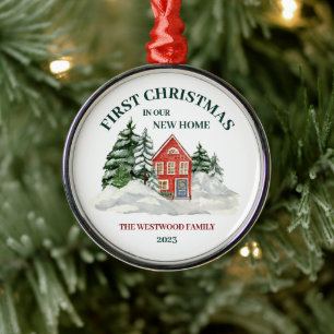 Eerste Kerstmis Nieuw Huis Rode Baksteen Winter Bo Metalen Ornament