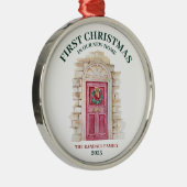 Eerste Kerstmis Nieuw Huis Rode Deur Winter Boho Metalen Ornament (Rechts)