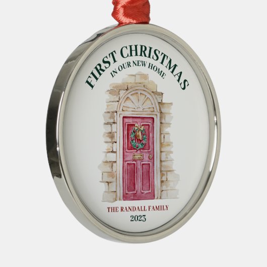 Eerste Kerstmis Nieuw Huis Rode Deur Winter Boho Metalen Ornament (Rechts)