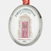 Eerste Kerstmis Nieuw Huis Rode Deur Winter Boho Metalen Ornament (Links)
