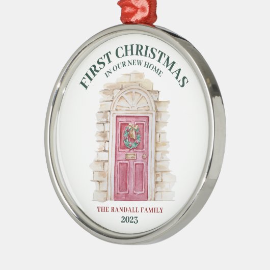 Eerste Kerstmis Nieuw Huis Rode Deur Winter Boho Metalen Ornament (Links)