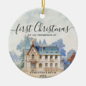 Eerste Kerstmis Nieuw Huis  Waterverf Huis Keramisch Ornament (Voorkant)