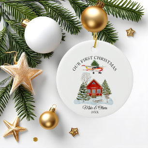 Eerste Kerstmis Nieuw Thuis Cessna Vliegtuig en Bo Keramisch Ornament