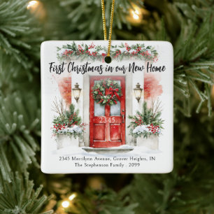 Eerste kerstmis Nieuw thuisadres Watercolor Deur Keramisch Ornament