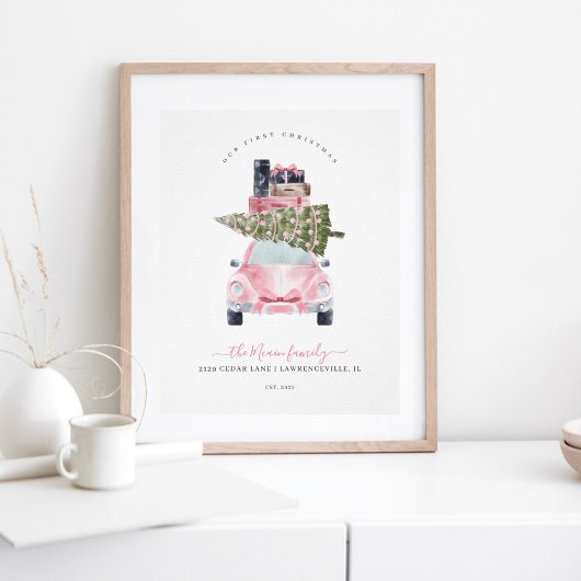Eerste Kerstmis Nieuwe Home Retro Pink Kaart Keepo Poster