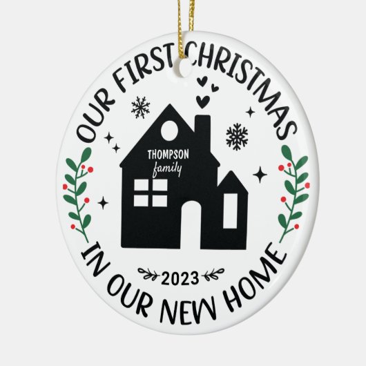 Eerste Kerstmis Nieuwe Huis Familienaam Keramisch Ornament (Links)