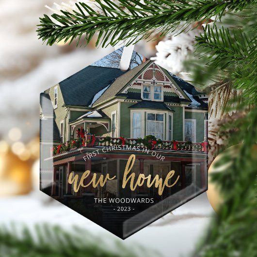 Eerste Kerstmis Nieuwe Huis Gouden Script Foto Glas Ornament
