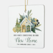 Eerste Kerstmis Nieuwe Huis Waterverf Groen Keramisch Ornament (Links)