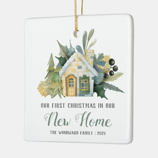 Eerste Kerstmis Nieuwe Huis Waterverf Groen Keramisch Ornament (Links)