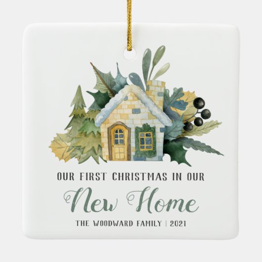 Eerste Kerstmis Nieuwe Huis Waterverf Groen Keramisch Ornament (Achterkant)