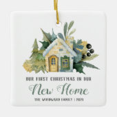 Eerste Kerstmis Nieuwe Huis Waterverf Groen Keramisch Ornament (Voorkant)