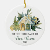 Eerste Kerstmis Nieuwe Huis Waterverf Groen Keramisch Ornament (Voorkant)