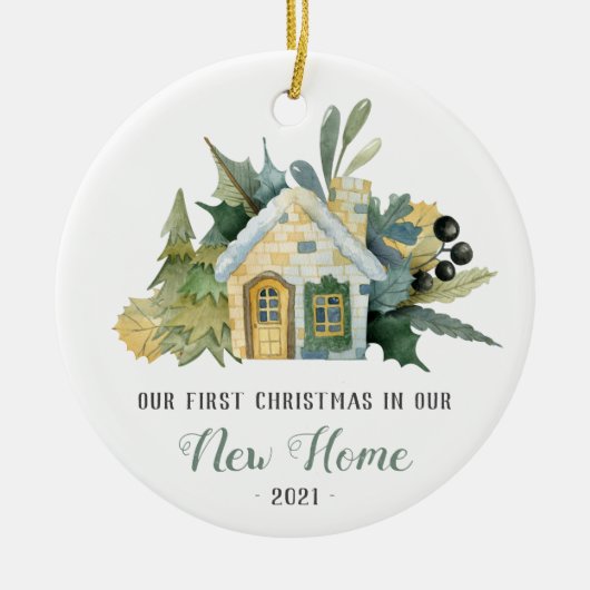 Eerste Kerstmis Nieuwe Huis Waterverf Groen Keramisch Ornament (Voorkant)