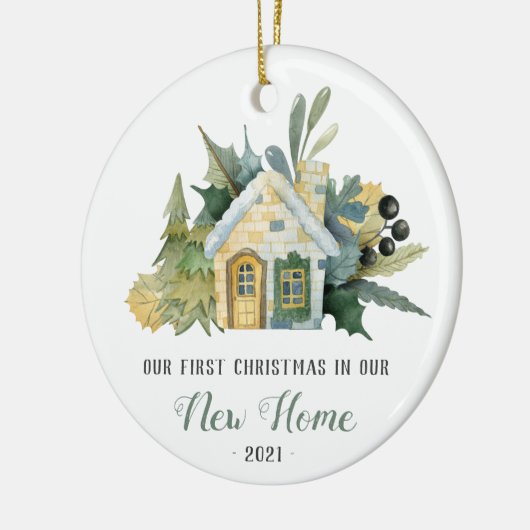 Eerste Kerstmis Nieuwe Huis Waterverf Groen Keramisch Ornament (Links)
