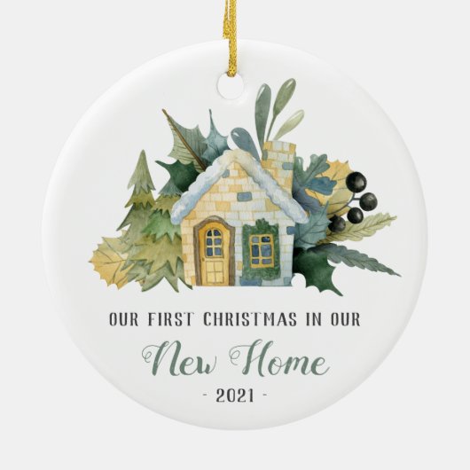 Eerste Kerstmis Nieuwe Huis Waterverf Groen Keramisch Ornament (Achterkant)