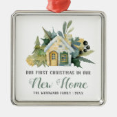 Eerste Kerstmis Nieuwe Huis Waterverf Groen Metalen Ornament (Voorkant)