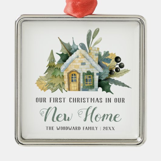 Eerste Kerstmis Nieuwe Huis Waterverf Groen Metalen Ornament (Voorkant)