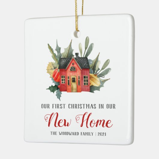 Eerste Kerstmis Nieuwe Huis Waterverf Rood Keramisch Ornament (Links)