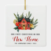 Eerste Kerstmis Nieuwe Huis Waterverf Rood Keramisch Ornament (Achterkant)