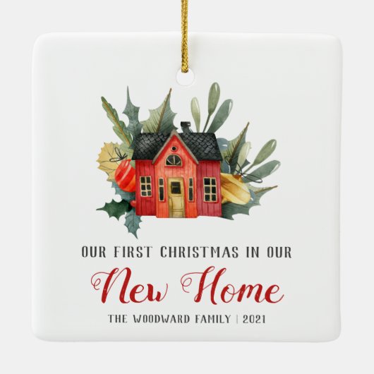Eerste Kerstmis Nieuwe Huis Waterverf Rood Keramisch Ornament (Achterkant)
