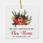 Eerste Kerstmis Nieuwe Huis Waterverf Rood Keramisch Ornament (Voorkant)