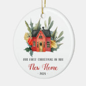 Eerste Kerstmis Nieuwe Huis Waterverf Rood Keramisch Ornament (Links)