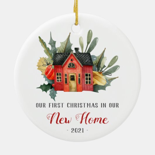 Eerste Kerstmis Nieuwe Huis Waterverf Rood Keramisch Ornament (Achterkant)