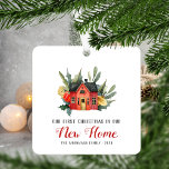Eerste Kerstmis Nieuwe Huis Waterverf Rood Metalen Ornament<br><div class="desc">Viel je eerste kerstfeest in je nieuwe huis met dit schattige keepjesornament, met een schilderij van de waterverf van een lui rood huisje omgeven door groen en geel winterblad. In de tekst staat "Our First Kerstin Our New Home", met de woorden "New Home" in de rode kalligrafie en de overige...</div>