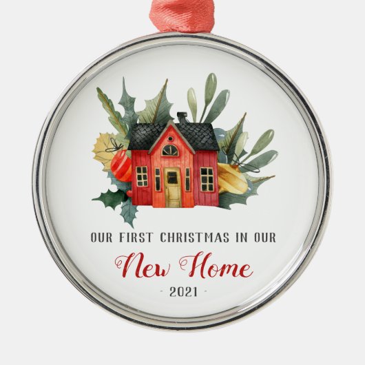 Eerste Kerstmis Nieuwe Huis Waterverf Rood Metalen Ornament (Voorkant)