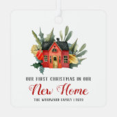 Eerste Kerstmis Nieuwe Huis Waterverf Rood Metalen Ornament (Achterkant)