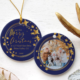 Eerste Kerstmis Nieuwe startfoto Blauw en Gold Sta Keramisch Ornament